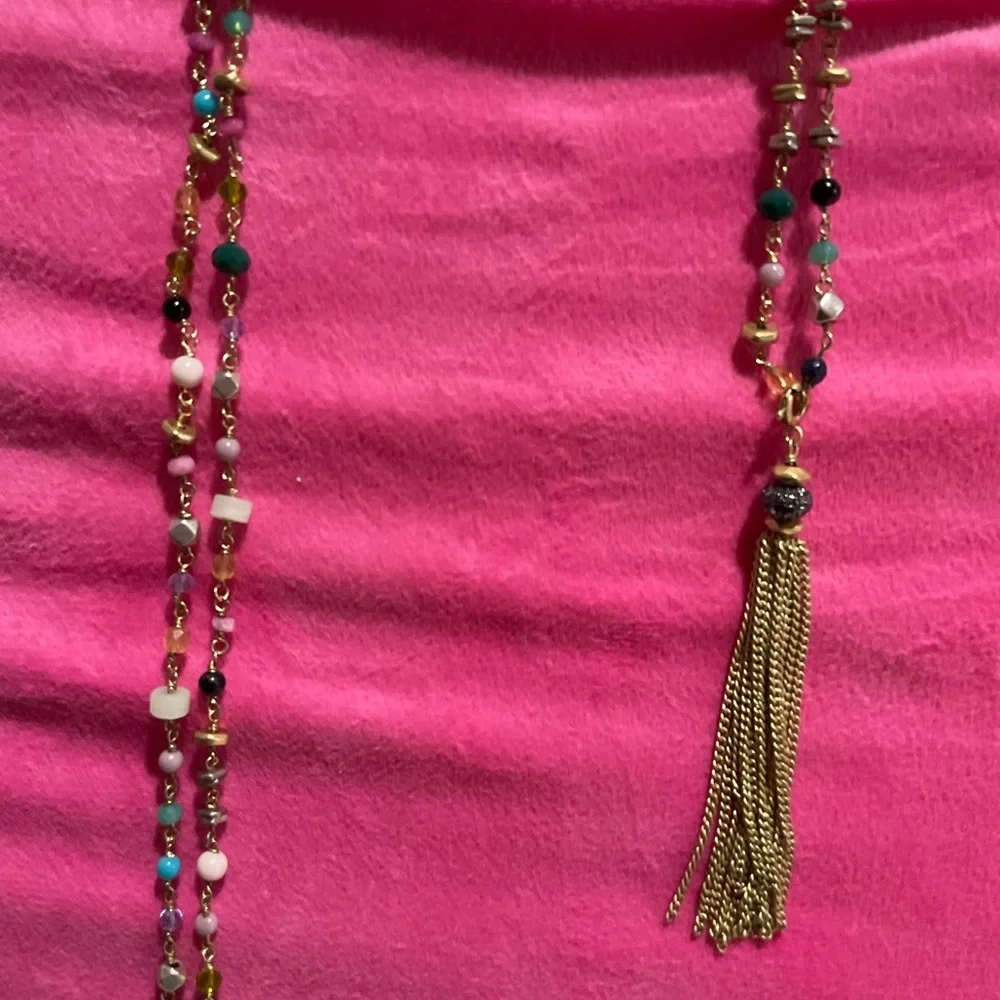 Multicolored Beaded Chain with Gold Chain Tassels